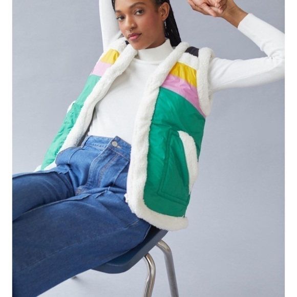 Bdg Vibrant Green Nylon Sherpa V Neck Winter Zip Vest - Picture 2 of 14